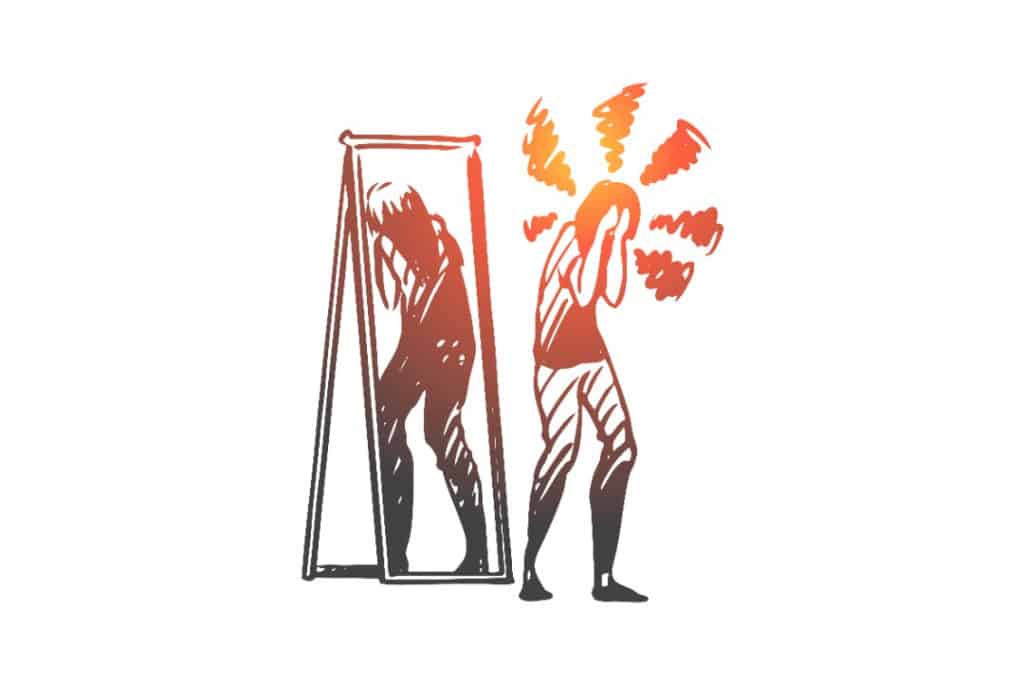 Illustration of a person looking away from their reflection in a mirror in shame.