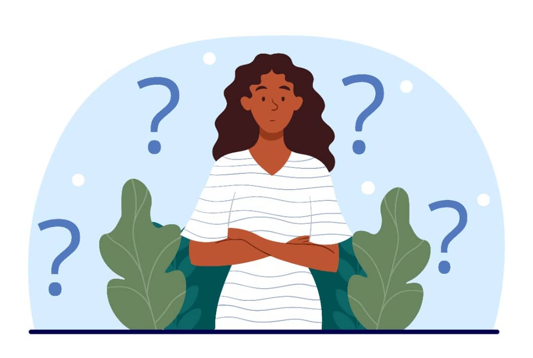 Illustrated woman looking curious. She has four question marks around her.