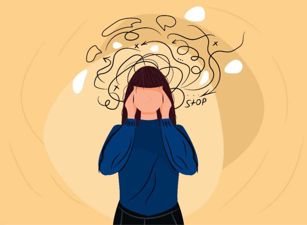 Illustrated woman with squiggly lines drawn around her head indicating headache.